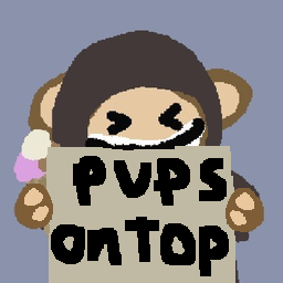 Puppet in a brown hood holding a sign that says pups on top